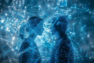 Poster - Digital art depicting two silhouettes facing each other, bodies intertwined by a luminous network of lines and dots. Generative AI
