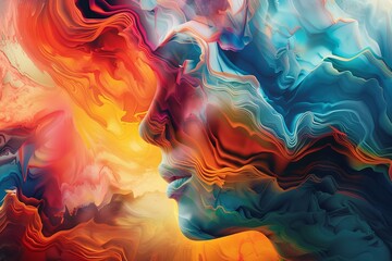 Poster - A digital art portrait with a swirling, abstract background in vivid reds, blues, and yellows. Generative AI