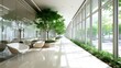 © AlfaSmart - A modern office corridor with sleek furniture, large windows showcasing a lush green tree outside