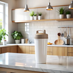 Shaker boottle mockup on white table on blured modern kitchen background. Healthy lifestyle .Perfect for Beverages, Bodybuilding and Health Drinks.