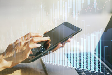 Poster - Double exposure of abstract creative financial diagram with finger clicks on a digital tablet on background, banking and accounting concept