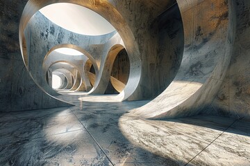 Poster - A modern, concrete structure featuring multiple circular openings, allowing sunlight to illuminate the interior space. Generative AI