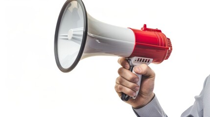 Hand holding megaphone on white background. Hiring, advertising and marketing