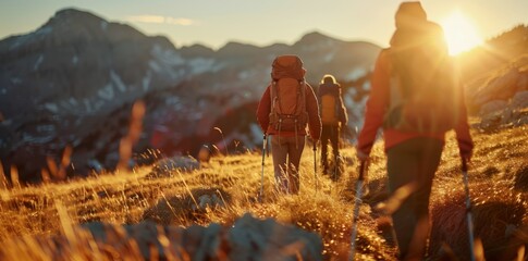 A group of friends hiking in the mountains at sunrise, wearing backpacks and carrying walking sticks, with beautiful mountain views behind them.