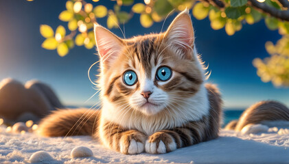 Wall Mural - Portrait of cute adorable kitten with blue eyes. Fluffy cat pet wallpaper.