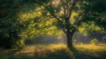 Wall Mural - Sunlight filtering through tree branches in a lush green meadow.