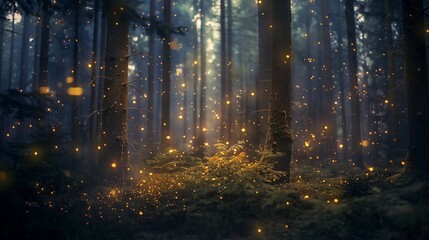 Wall Mural - Magical glowing fireflies in a dark forest at twilight.