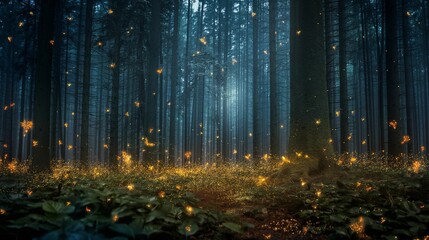 Wall Mural - magical glowing fireflies in a dark forest at twilight.