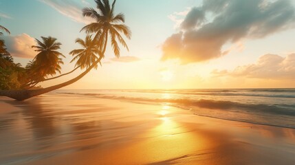 Wall Mural - Sunrise on a tropical beach with palm trees and calm waves.