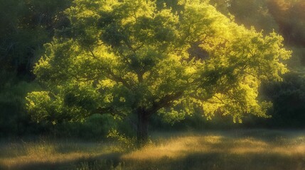 Wall Mural - Sunlight filtering through tree branches in a lush green meadow.