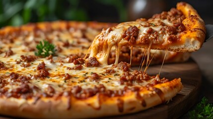 Wall Mural - A slice of pizza with meat toppings is being pulled out of a large pizza