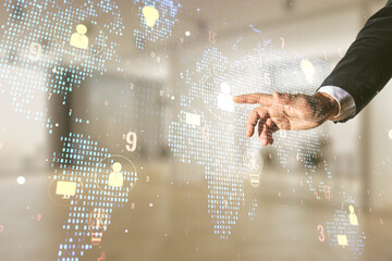 Aufkleber - Double exposure of businessman hand working with social network icons interface and world map on blurred office background. Networking concept