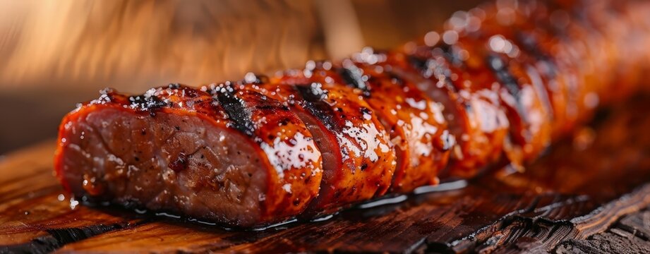 A close-up of grilled meat on a wood table.