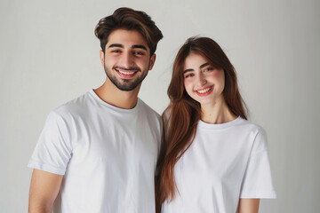 Wall Mural - young happy indian couple standing on white background