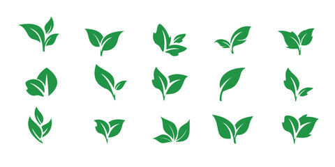 Green leaves flat bio organic eco leaf icon set of collection 