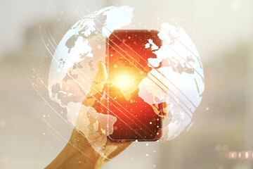 Poster - Double exposure of abstract digital world map and hand with cell phone on background, research and strategy concept