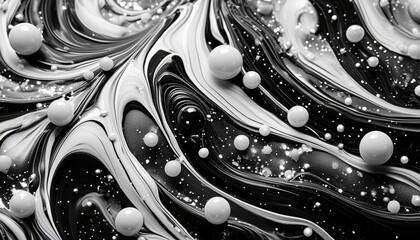Wall Mural - Beautiful Black and White Liquid Swirls with White Particles. Modern Marbling Background. Generative AI.