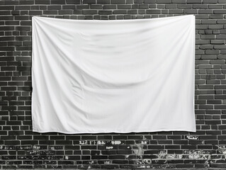 Hanging plain white blank canvas tapestry fabric POD product mockup black brick wall building dark background cozy rustic modern sign blanket art cloth textile template design large backdrop front