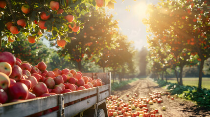 Cargo truck carrying red apples on the road in an orchard with sunset. Concept of food production, transportation, cargo and shipping.