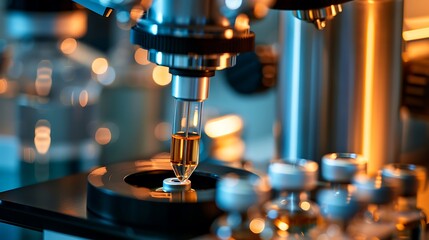 Wall Mural - Close-up of a microscope in a laboratory setting, showcasing scientific research and analysis instruments in a bright, focused environment.