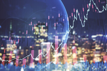 Poster - Abstract creative financial graph and world map on blurry skyscrapers background, financial and trading concept. Multiexposure