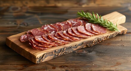 A wooden cutting board with sliced meat on it.