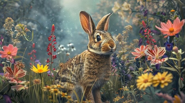 Cute rabbit sitting among colorful spring flowers in a vibrant garden, conveying a sense of freshness and natural beauty.
