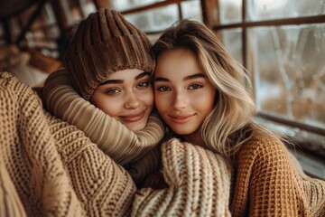 Curly blonde women  portrait of two beautiful friends posing in beige and silver tones
