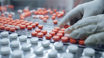 Wall Mural - Close-up view of pharmacists in laboratory gloves organizing red and white pills on a production line in a pharmaceutical manufacturing facility.