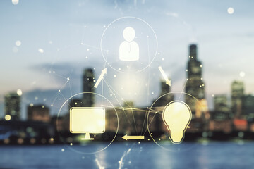 Poster - Abstract virtual social network hologram on blurry skyscrapers background. Double exposure
