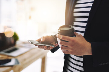 Aufkleber - Hands, coffee and man with phone in office for online email communication for mobile business review. Technology, networking and hr reading company policy research on smartphone with cappuccino.