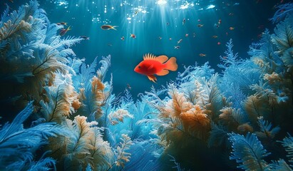 A Red Fish Swims Through a Coral Reef