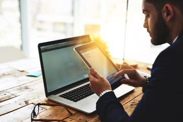 Poster - Office, tablet screen and business man for planning, deadline schedule and important notes on desk. Workplace, male administrator and digital for to do list, project ideas and typing information