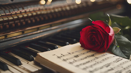 bright red rose and a music notebook on the keys of a musical instrument ai generative