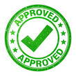 © Jahan Mirovi - A round green rubber stamp with APPROVED written twice around the edge, a checkmark in the center, and five stars on a white background. Generative AI