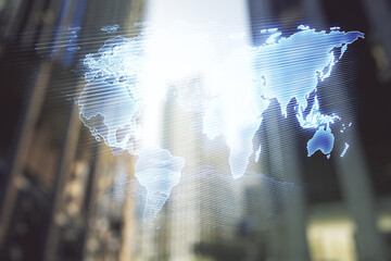 Poster - Multi exposure of abstract creative digital world map hologram on modern skyscrapers background, research and analytics concept