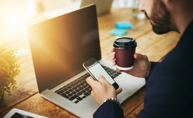 Aufkleber - Coffee, phone and laptop with business man hands at coworking office with blank screen for social media break. Morning, web designer and creative job with latte and scroll at desk with design work
