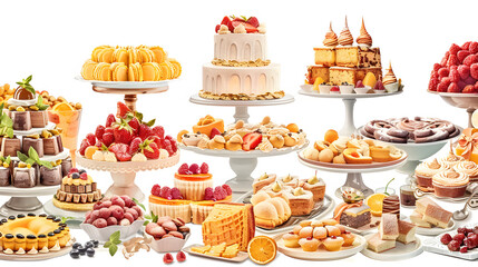 Wall Mural - wedding buffet table, event dessert food catering for wedding, party and holiday celebration, cakes, sweets and desserts isolated on white background, hyperrealism, png
