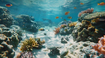 Wall Mural - Beautiful underwater scenery with various types of fish and coral reefs Generative AI