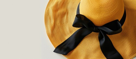 Wall Mural - Stylish Yellow Straw Hat with Black Ribbon for Women, placed against a White Background