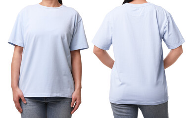Wall Mural - Woman wearing light blue t-shirt on white background, collage of closeup photos. Front and back views