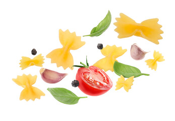 Wall Mural - Raw pasta, tomatoes, garlic and basil in air on white background