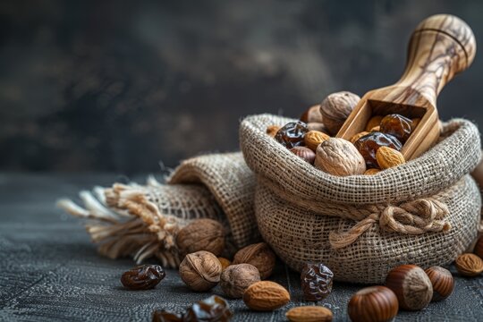 A basket of almonds and walnuts on a black surface