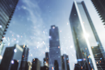 Poster - Double exposure of abstract virtual technology hologram on modern skyscrapers background. Research and development software concept