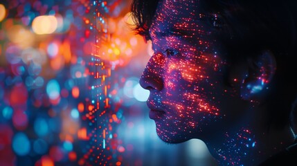Poster - A man participates in a virtual therapy session illuminated by holographic visuals.