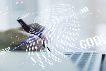 Aufkleber - Multi exposure of abstract creative fingerprint illustration with hand writing in notebook on background with laptop, digital access concept