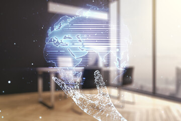 Poster - Multi exposure of abstract creative digital world map and modern desktop with computer on background, tourism and traveling concept