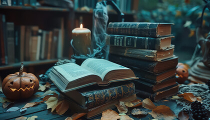 Wall Mural - An open book with a blue cover and yellow leaves on the table