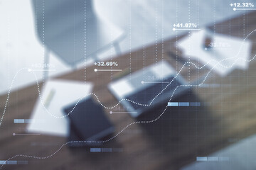 Poster - Abstract creative analytics data spreadsheet and modern desktop with pc on background, analytics and analysis concept. Multiexposure