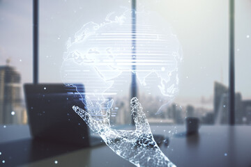 Poster - Double exposure of abstract digital world map and modern desktop with laptop on background, research and strategy concept